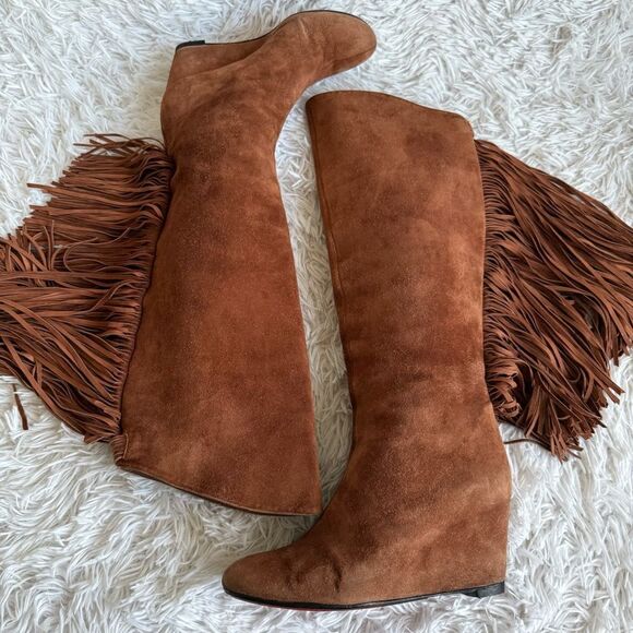Christian Louboutin Cognac Brown Suede Wedge Boots with Fringe Size 37.5 - Picture 9 of 11